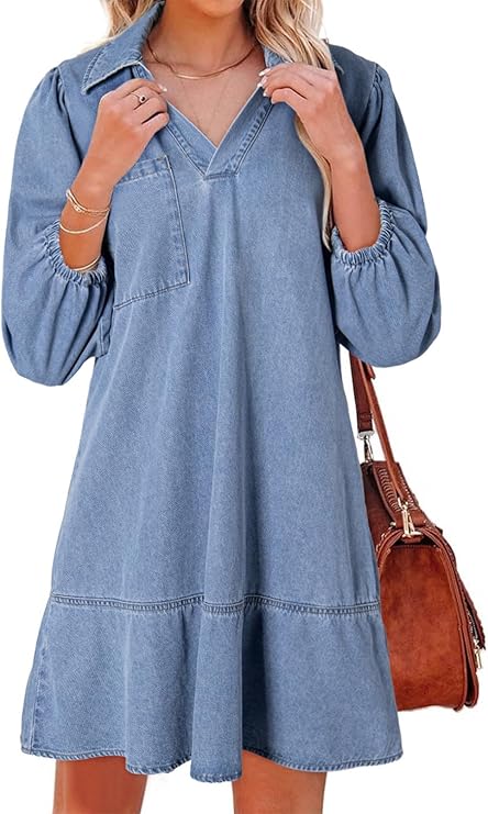 Women's V-neck Puff Sleeve Denim Layered Dress