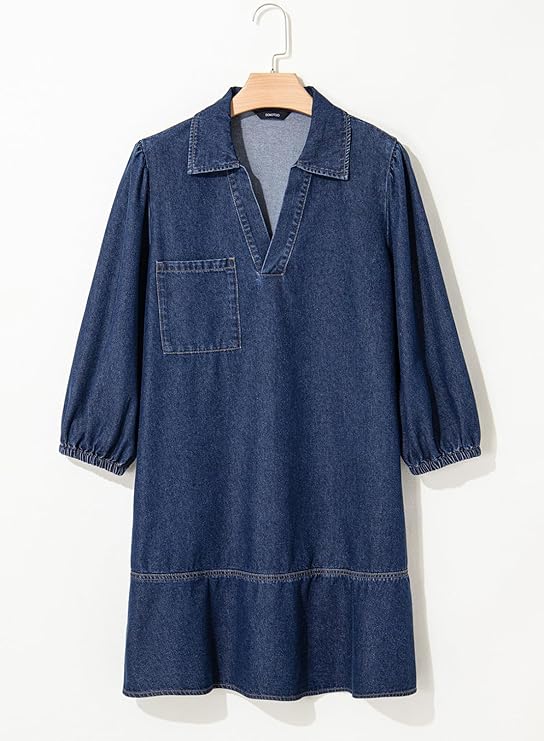 Women's V-neck Puff Sleeve Denim Layered Dress