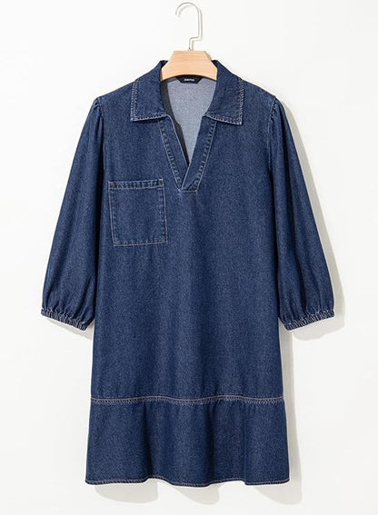 Women's V-neck Puff Sleeve Denim Layered Dress