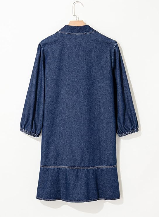 Women's V-neck Puff Sleeve Denim Layered Dress