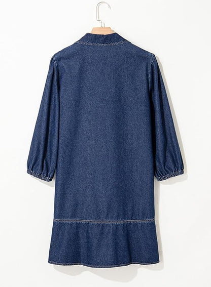 Women's V-neck Puff Sleeve Denim Layered Dress
