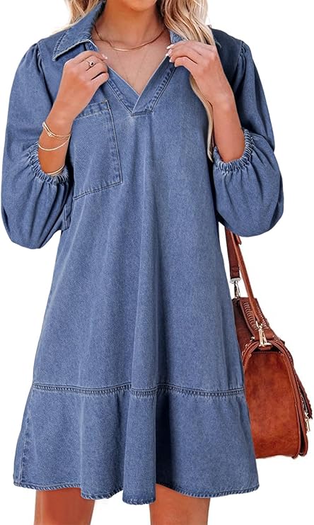 Women's V-neck Puff Sleeve Denim Layered Dress