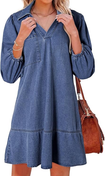 Women's V-neck Puff Sleeve Denim Layered Dress