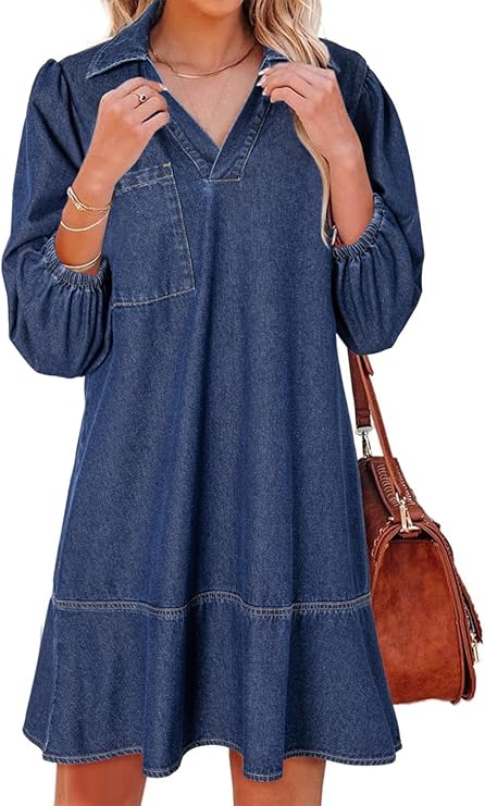 Women's V-neck Puff Sleeve Denim Layered Dress