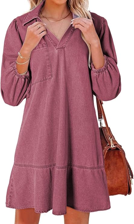 Women's V-neck Puff Sleeve Denim Layered Dress