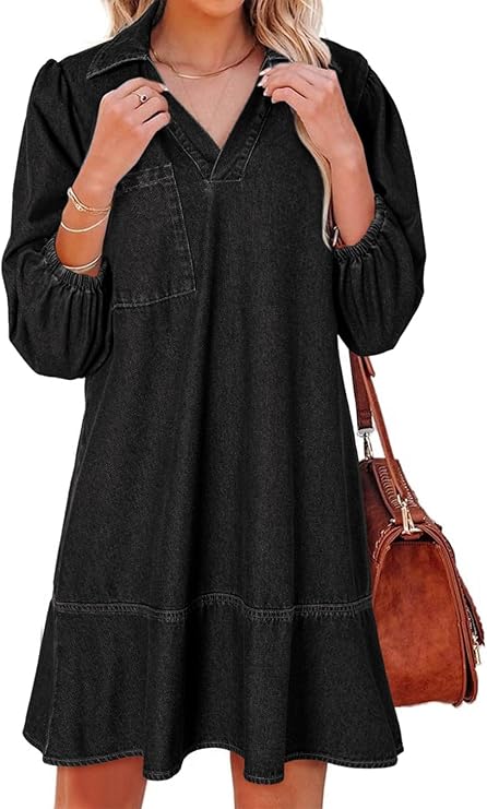 Women's V-neck Puff Sleeve Denim Layered Dress