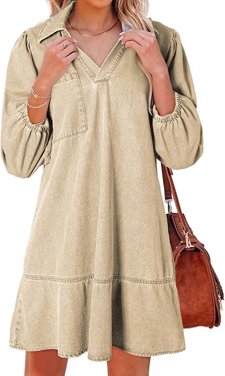 Women's V-neck Puff Sleeve Denim Layered Dress