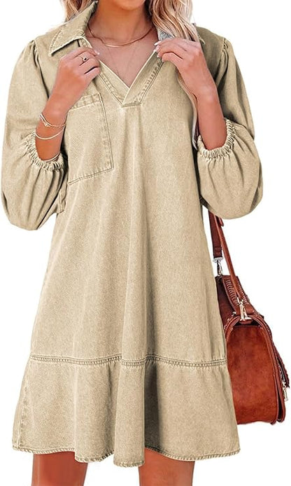 Women's V-neck Puff Sleeve Denim Layered Dress