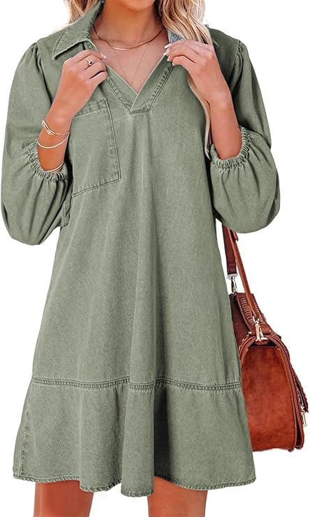 Women's V-neck Puff Sleeve Denim Layered Dress