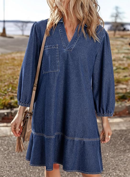 Women's V-neck Puff Sleeve Denim Layered Dress