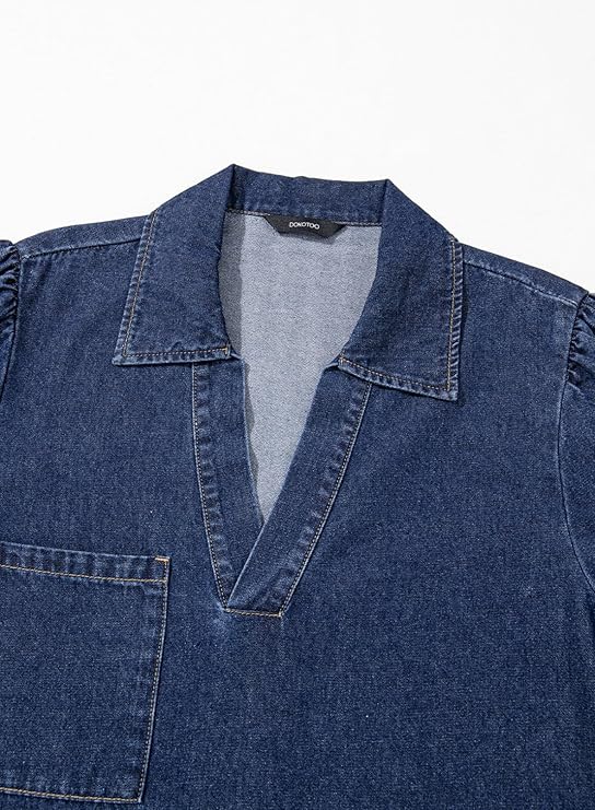 Women's V-neck Puff Sleeve Denim Layered Dress