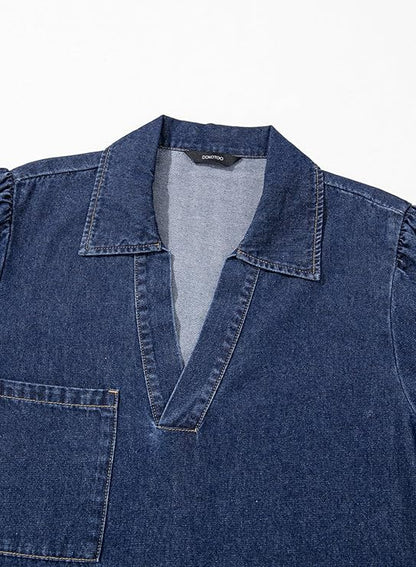 Women's V-neck Puff Sleeve Denim Layered Dress