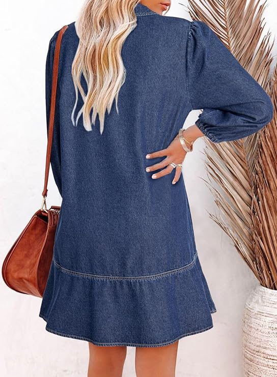 Women's V-neck Puff Sleeve Denim Layered Dress